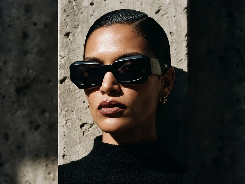Retrato editorial con gafas de sol Velani bajo luz dura