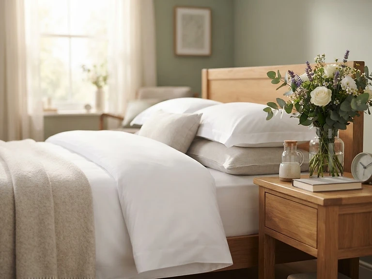 A neatly made bed in a sunlit room, evoking care and dignity