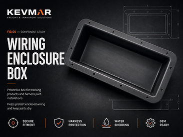 Black vacuum-formed ABS wiring enclosure box with mounting flange for truck electrical installations.