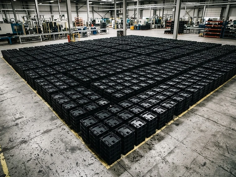Finished black plastic components manufactured in repeatable production runs