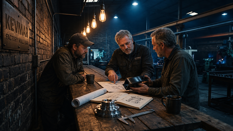 The Factory Wall Bar — a conversation space inside the KEVMAR workshop, with drawings, components and calipers on the workbench