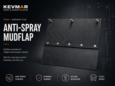 Black anti-spray mudflap assembly with textured upper panel, rubber skirt and mounting hardware.