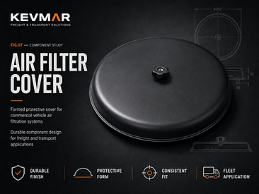 Black vacuum-formed ABS air filter cover for a commercial truck filtration system.