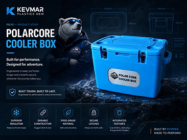 PolarCore blue rotomoulded cooler box with integrated handles and secure latches.