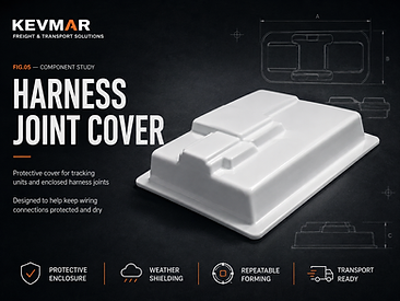 White vacuum-formed protective harness joint cover for a commercial-vehicle tracking installation.