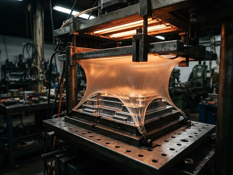 Vacuum forming machine pulling a heated plastic sheet over a mould