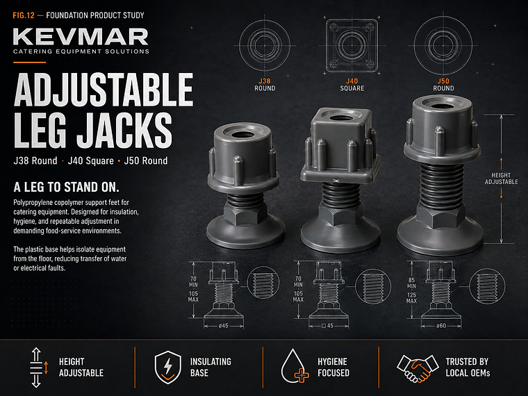 KEVMAR J38, J40 and J50 injection-moulded adjustable leg jacks for commercial catering equipment.