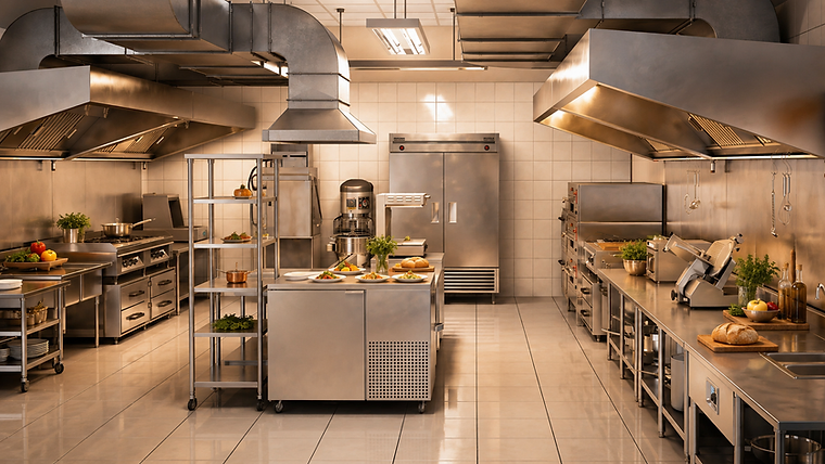 Illustrative stainless-steel commercial kitchen environment used as context for KEVMAR catering manufacturing solutions.