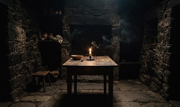 A candlelit stone interior