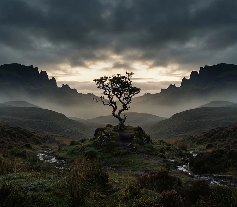 Mist-covered ancient moors at dusk