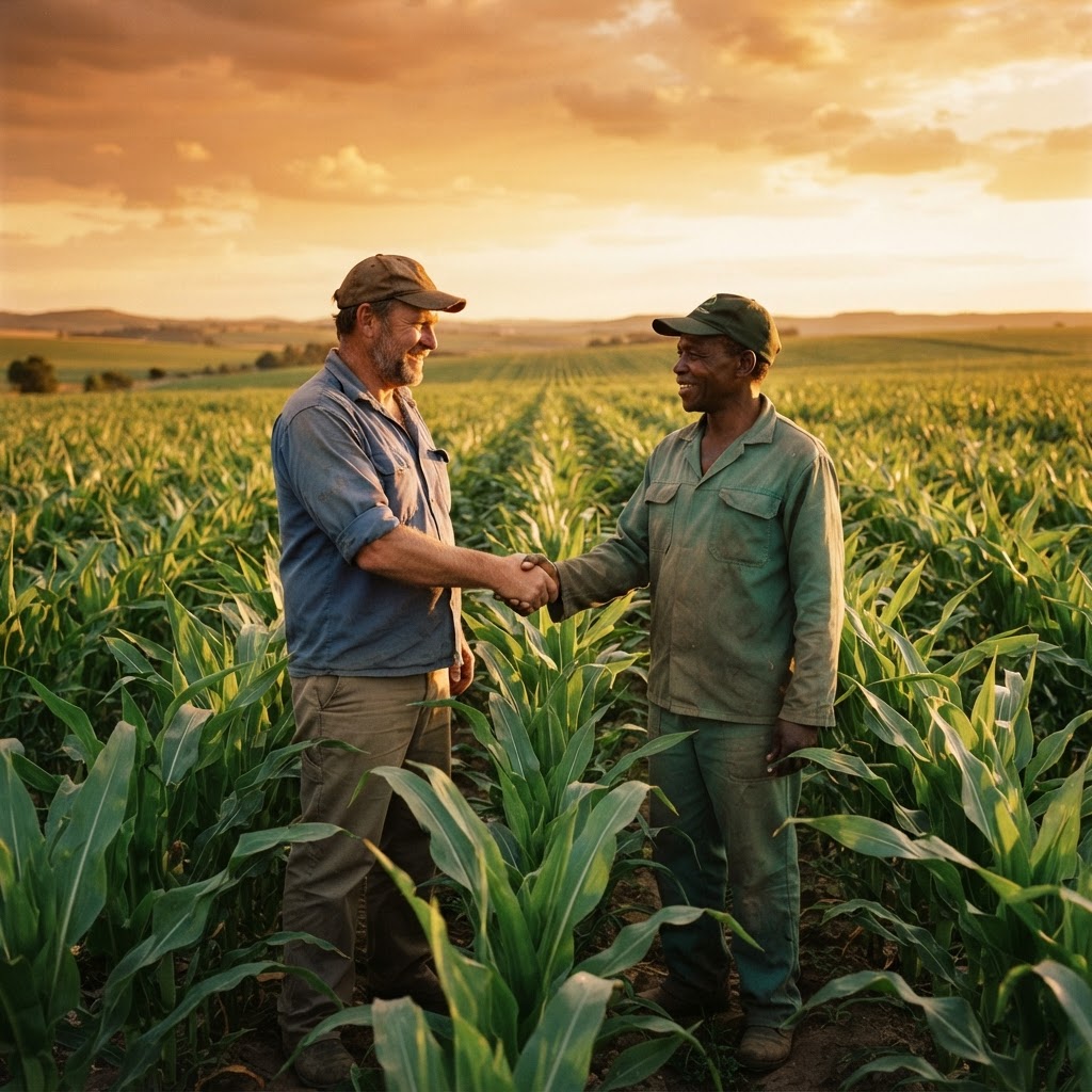 Two farmers shaking hands in a field at golden hour