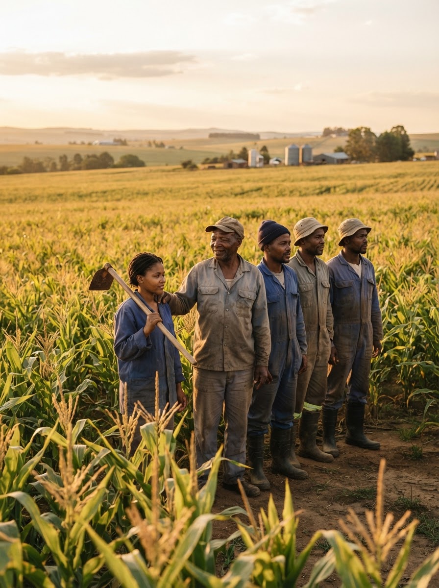 Agricultural workers looking toward the horizon