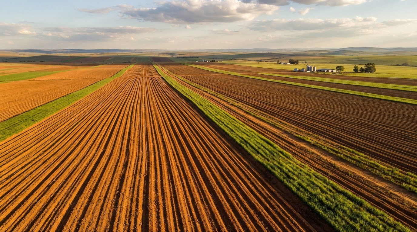 Aerial view of tilled farmland furrows in the Free State