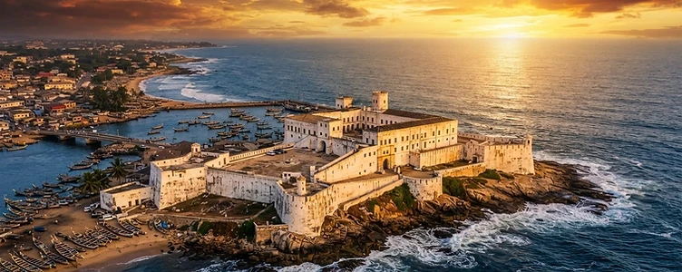 Aerial view of Cape Coast Castle at sunset