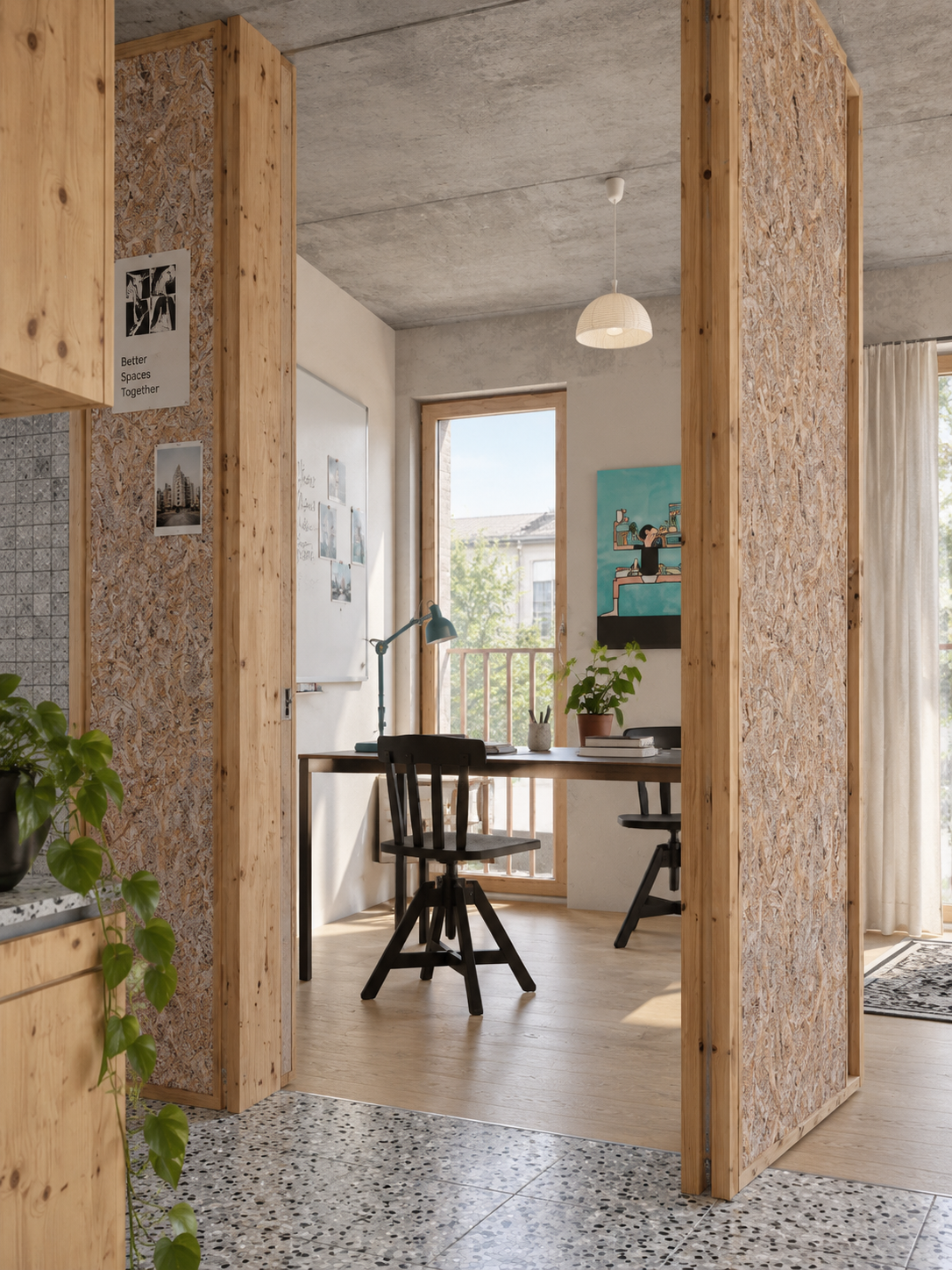 Poste de travail dans une alcôve OSB, bureau face à la fenêtre et lampe bleue