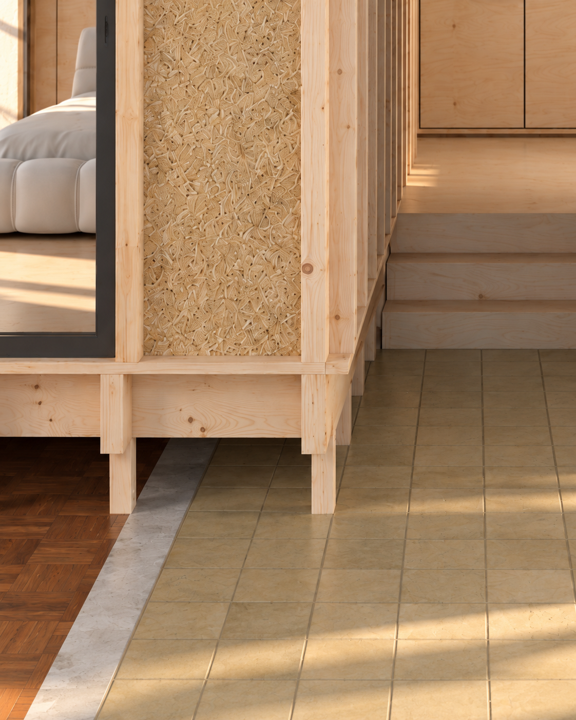 Seuil en pin et trois marches entre parquet ancien et sol surélevé