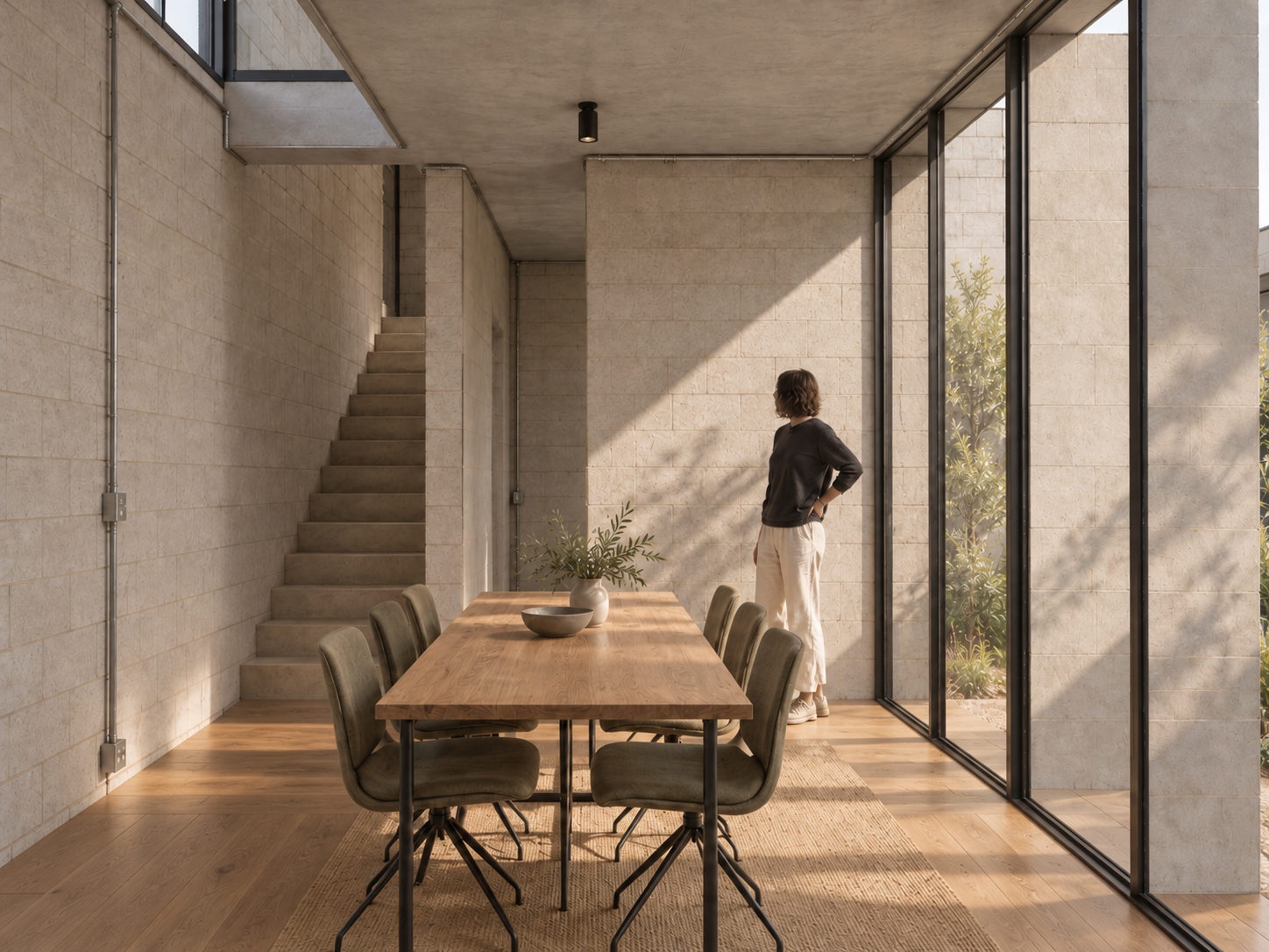 Salle à manger : murs en blocs béton apparent, baies vitrées et parquet