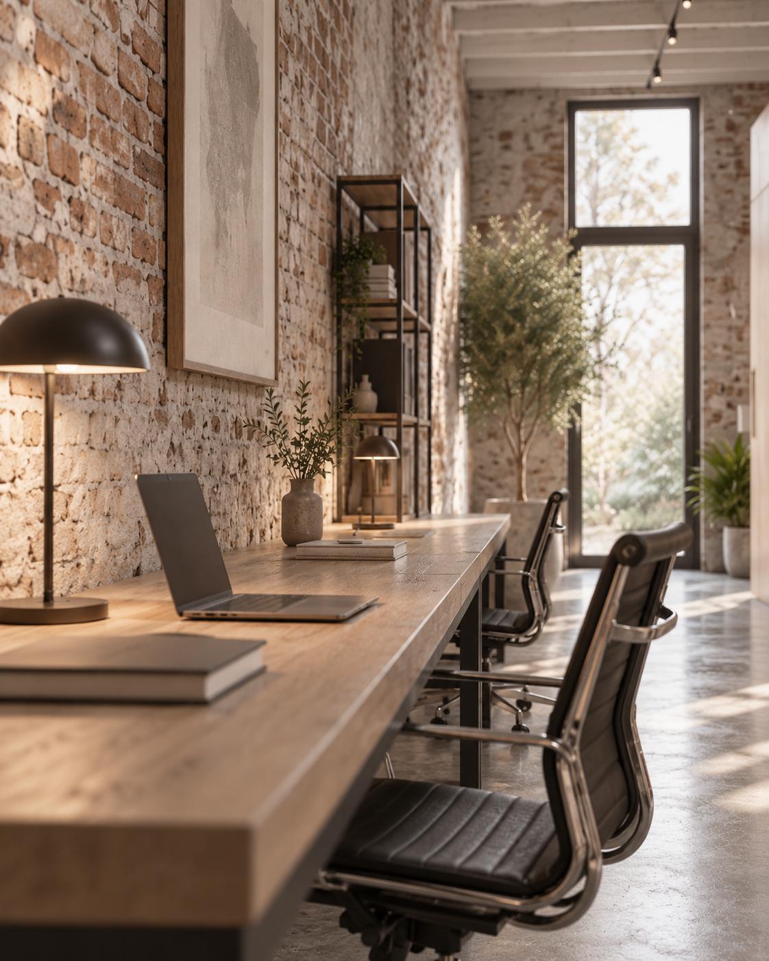 Bureau partagé en bois le long du mur de briques apparentes