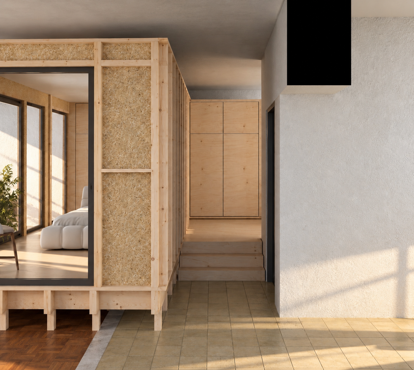 Intérieur lumineux en pin naturel : structure surélevée, marches et seuil
