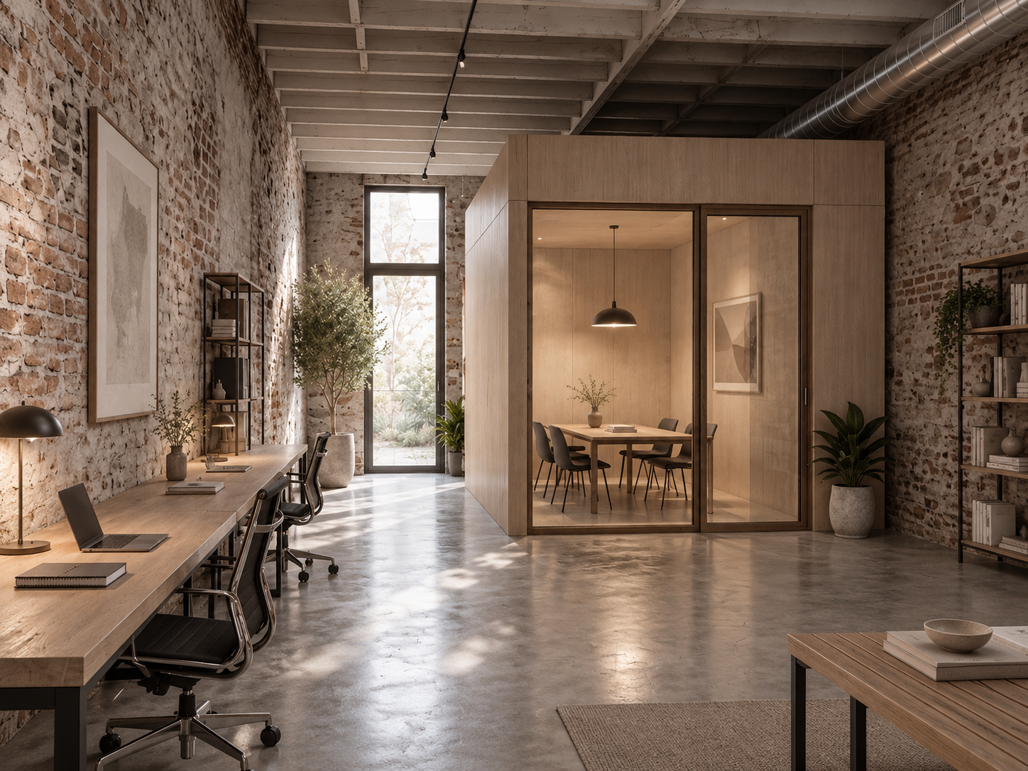 Espace de travail : long bureau en bois le long du mur de briques, pod de réunion en bois clair