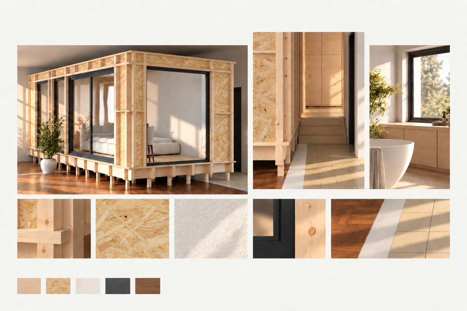 Moodboard architectural solaire en OSB et plâtre : vues, détails et échantillons