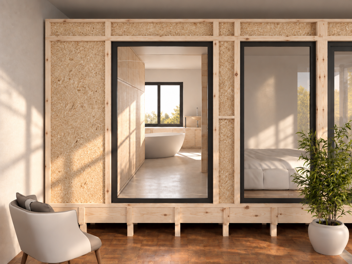 Volume bois et OSB ouvrant sur la chambre et la salle de bain, lumière douce