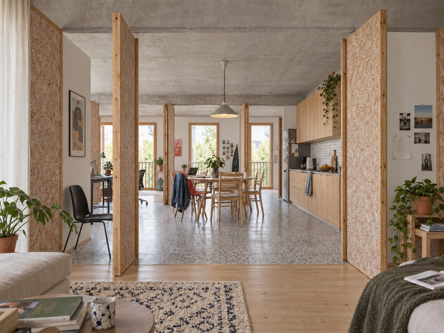 Intérieur : salon, cuisine et espace de travail ouverts, séparés par des cloisons OSB