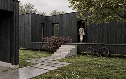 Maison individuelle en bois brûlé à Tinqueux : entrée, terrasse et vélo