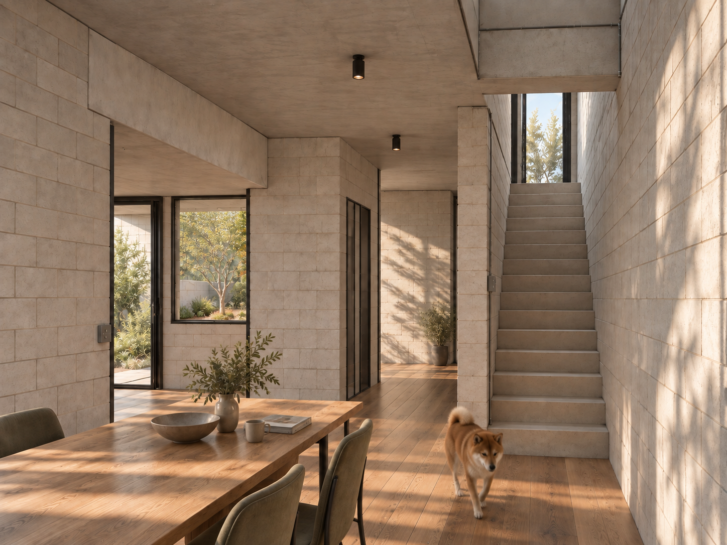 Séjour ouvert : table en bois, escalier en béton et lumière traversante