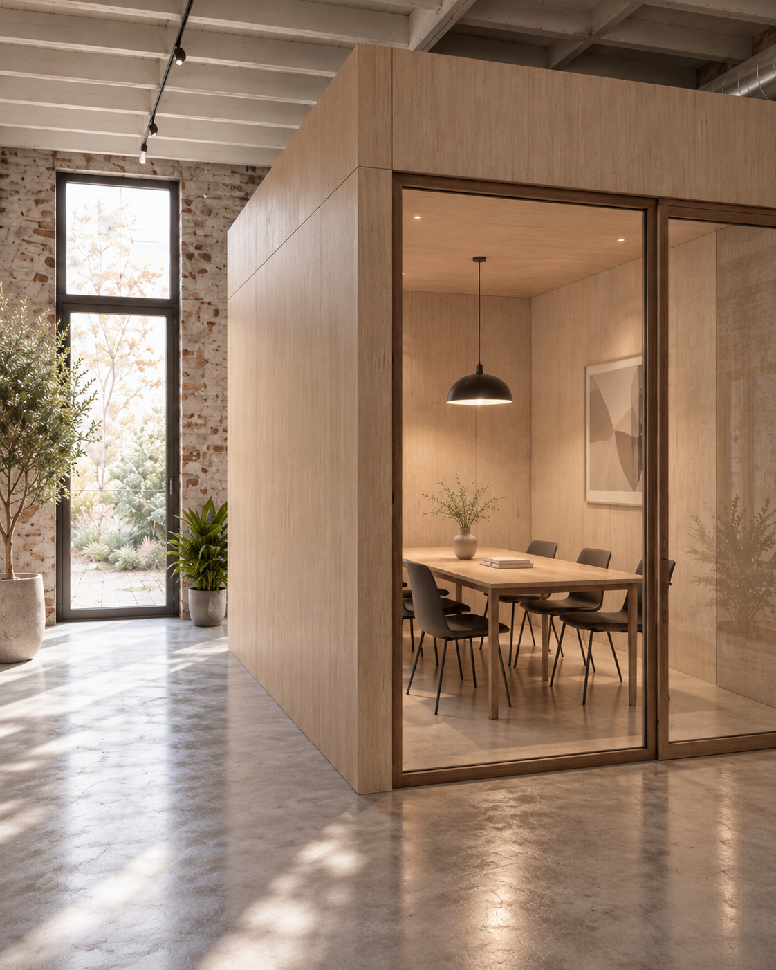 Pod de réunion en bois à façade vitrée, olivier et porte jardin