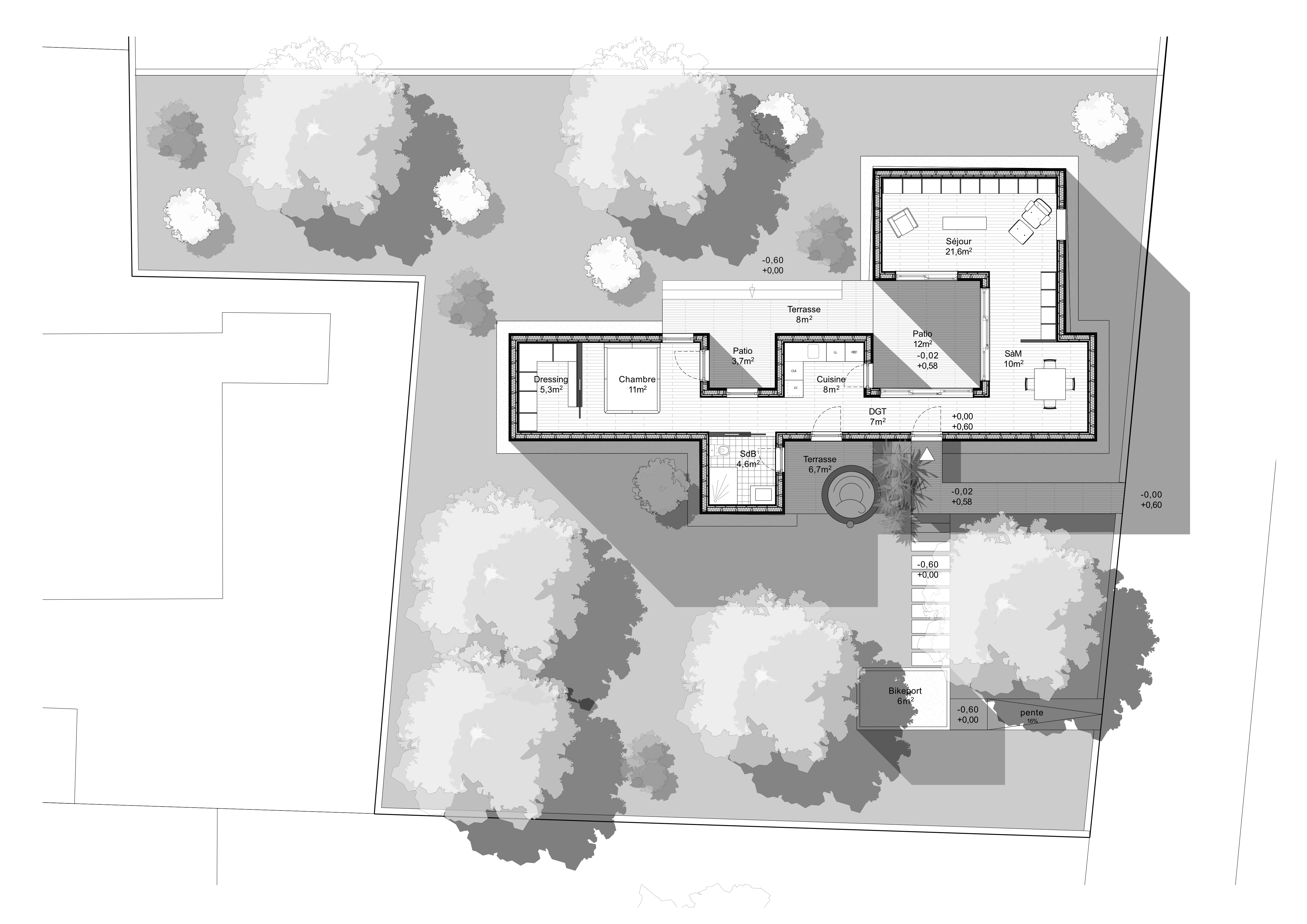Plan de la maison : séjour, chambre, cuisine, patios et terrasses