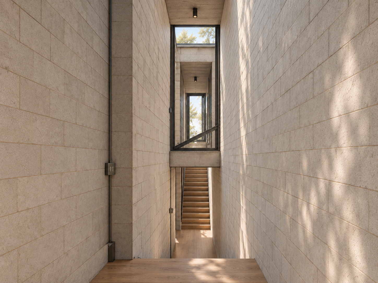 Circulation verticale : escalier, vide central et lumière sur la maçonnerie