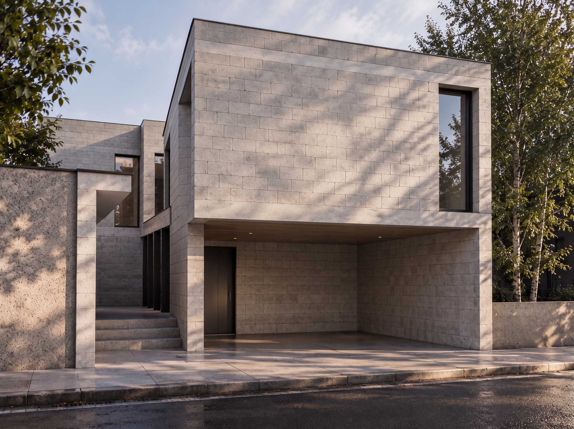 Façade en blocs béton clair, porte-à-faux, sous-face bois et bouleaux