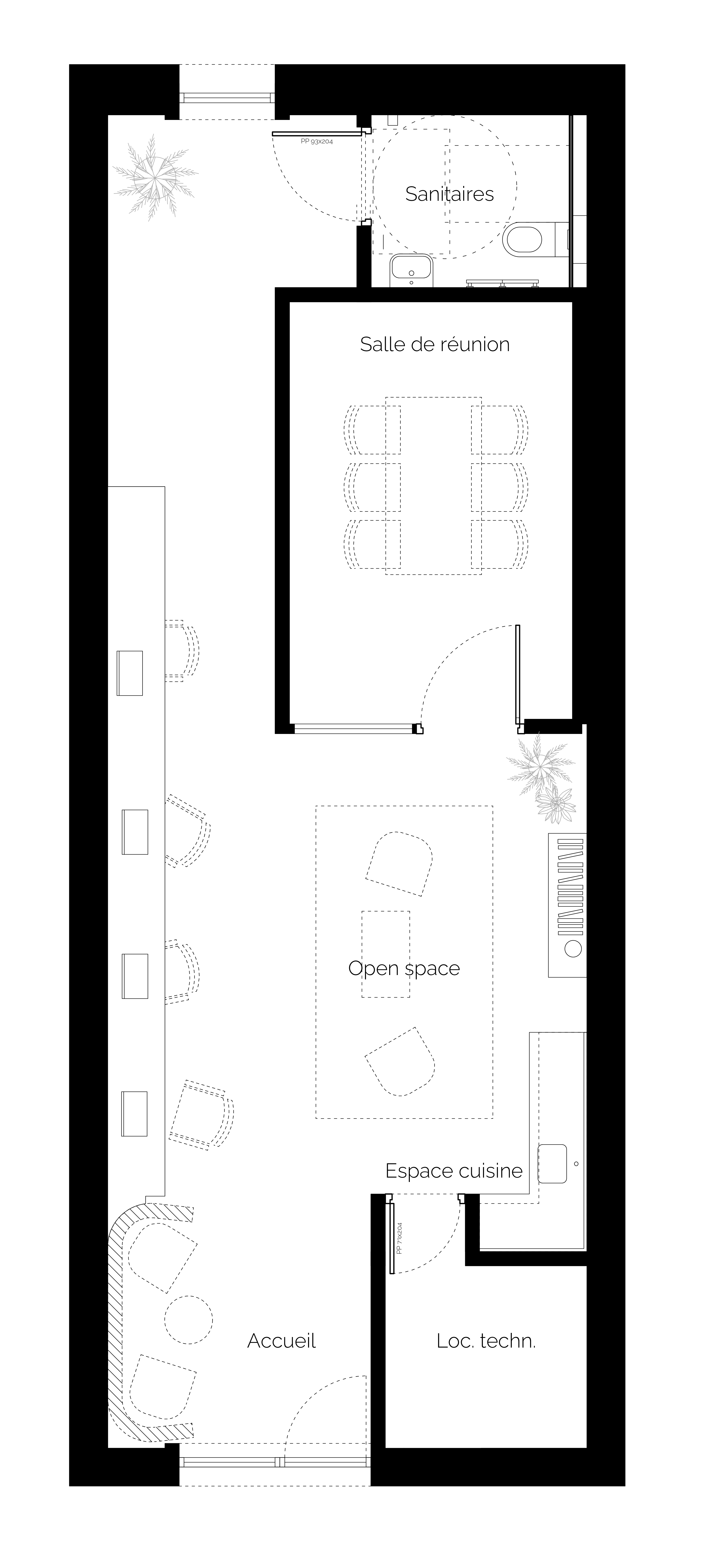 Plan d’architecture : sanitaires, salle de réunion, open space, cuisine, accueil et local technique