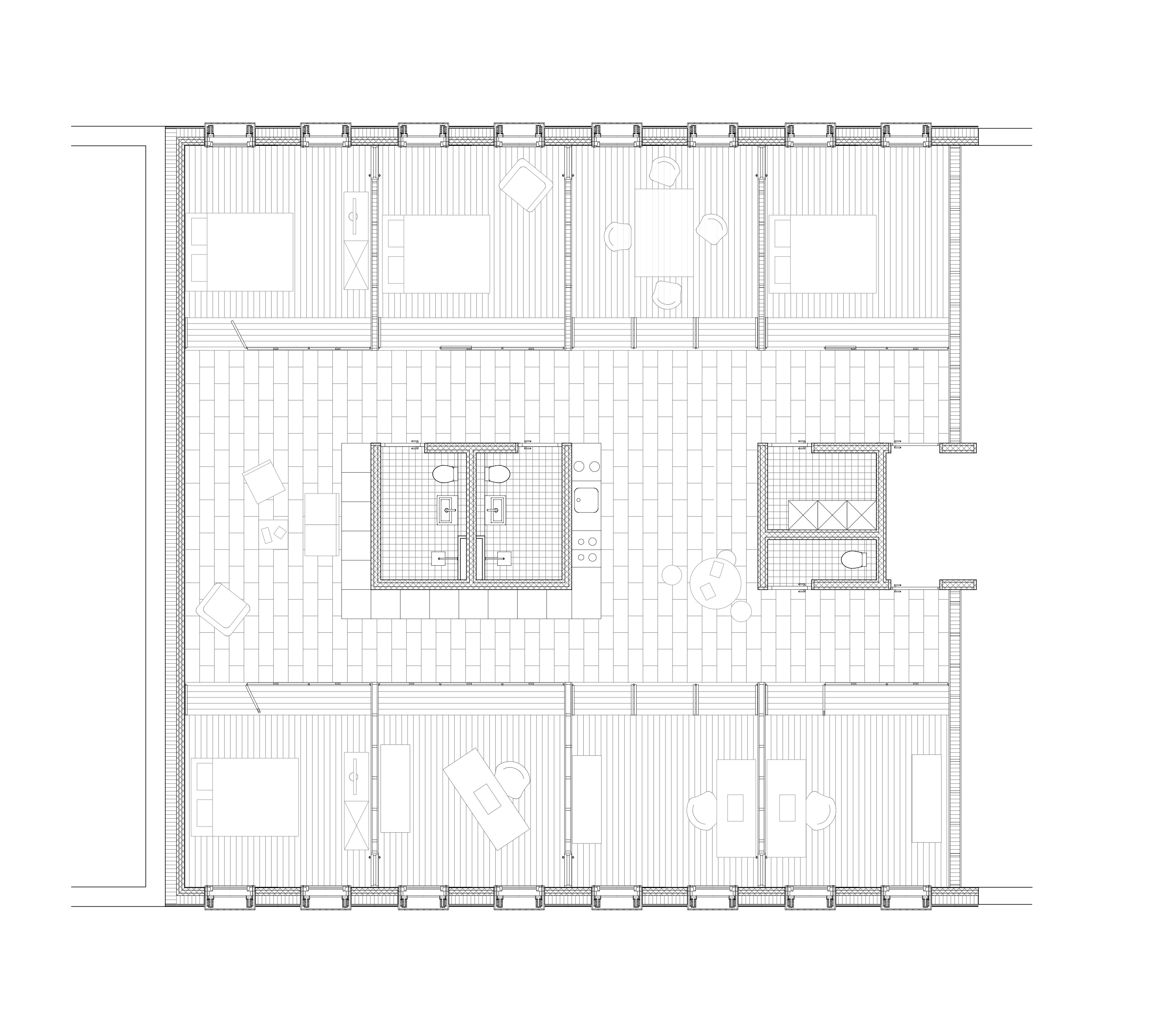 Plan d’étage type : espaces communs centraux et chambres en périphérie