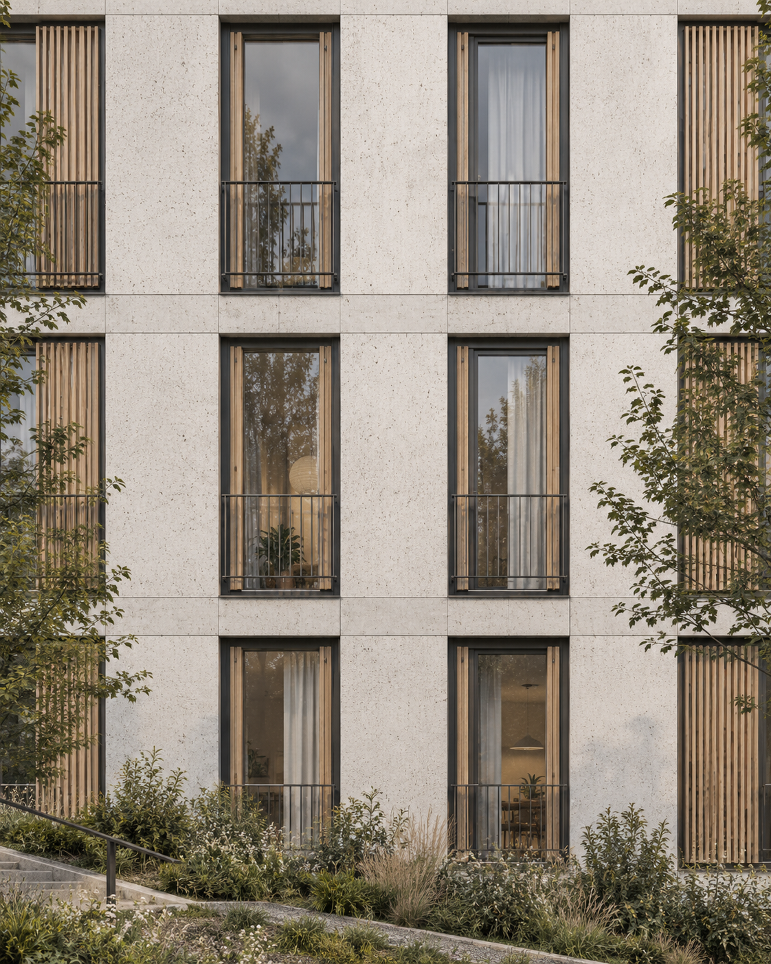 Façade orthogonale du bâtiment : grille répétitive de fenêtres, lames bois et balcons métalliques