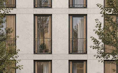 Façade du bâtiment de coworking–coliving à Madrid : grille de fenêtres, lames bois et balcons