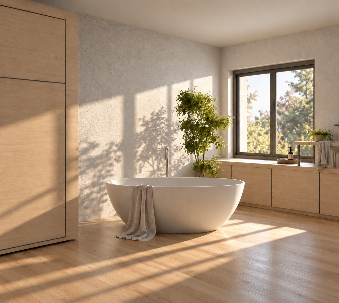 Salle de bain ensoleillée : baignoire sur pied, bois clair et fenêtre sur la verdure