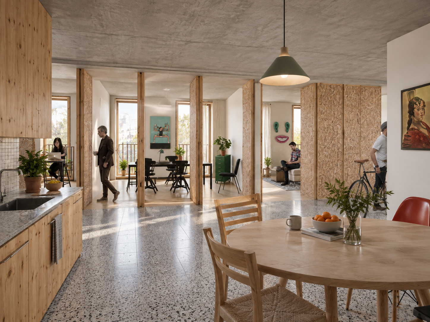 Espace intérieur ouvert : table ronde, lampe vert sauge et cloisons OSB sous plafond en béton