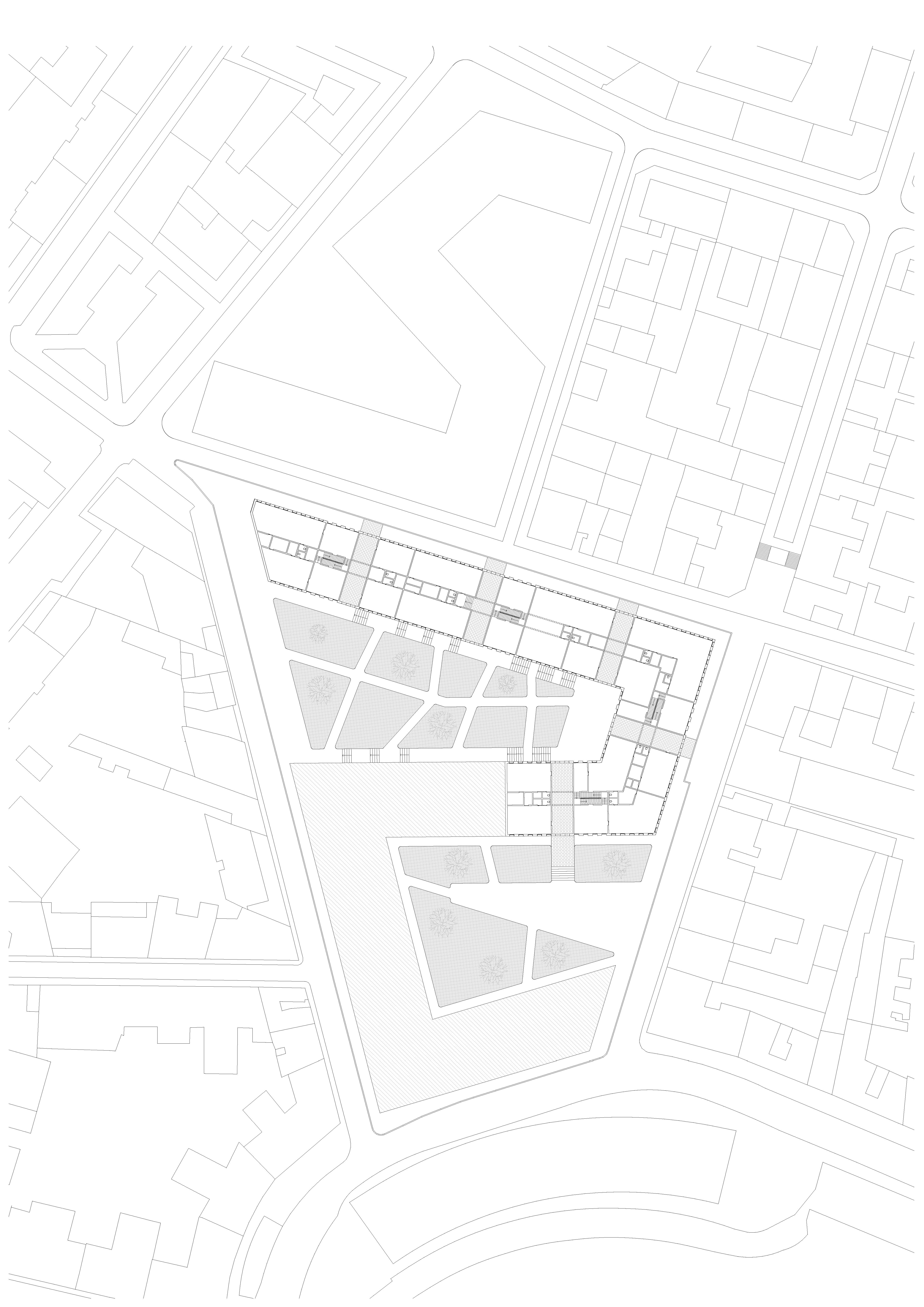 Plan masse du projet : empreinte en L, espaces extérieurs plantés et contexte urbain