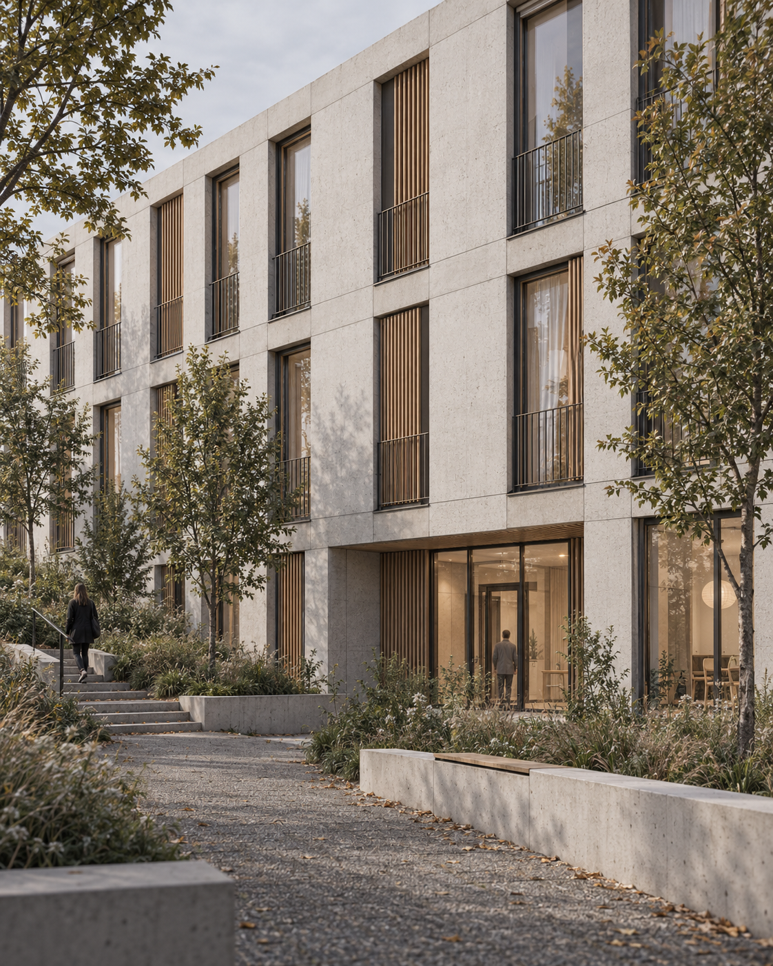Vue en perspective de la façade avec entrée vitrée, escalier d’accès et végétation