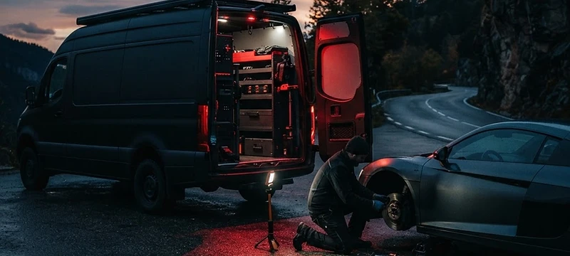 Mobile service van helping a car at the roadside
