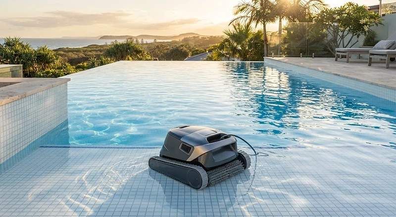 Robotic cleaner in a crystal clear pool