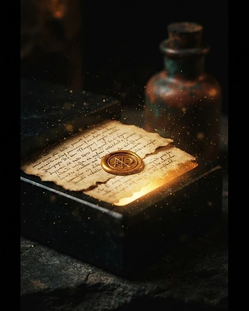 The mystical story card emerging from the obsidian box