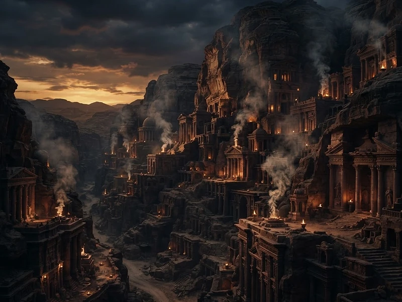 Kamaan — the ancient city of Qaryat al Faw glowing amber at dusk