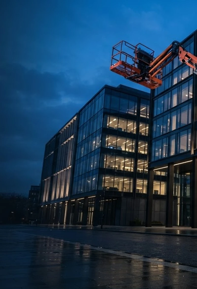 Articulated powered access boom beside a modern commercial building