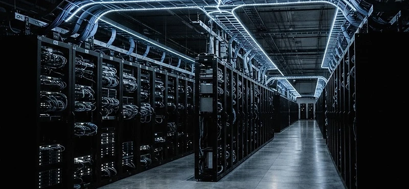 Cinematic photograph of a data center hall with rows of server racks