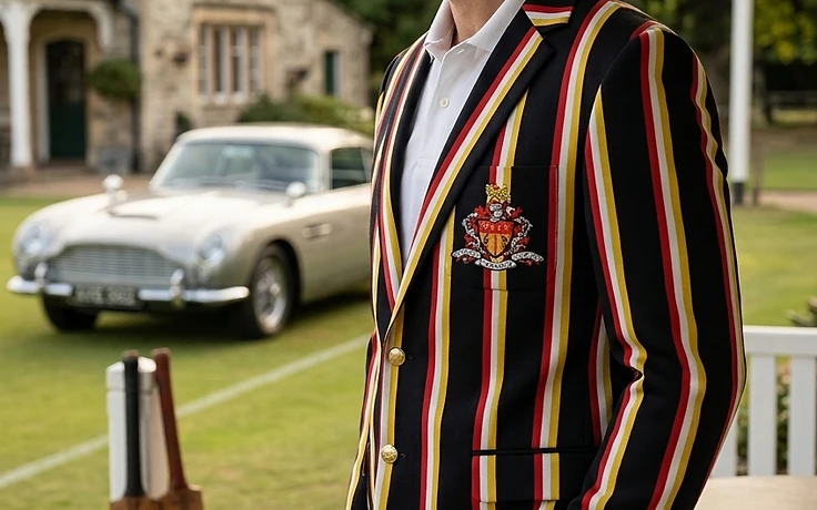Man wearing a multi-striped cricket blazer with navy, gold, white, and maroon stripes with an embroidered crest, standing on a porch overlooking a cricket field