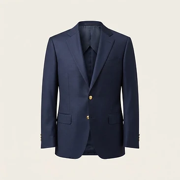 Front view of a navy blazer showing where shoulder, chest, waist, and length measurements are taken