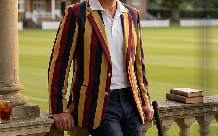 Man wearing a custom cricket blazer with navy, mustard, and burgundy vertical stripes on a clubhouse veranda overlooking a cricket pitch